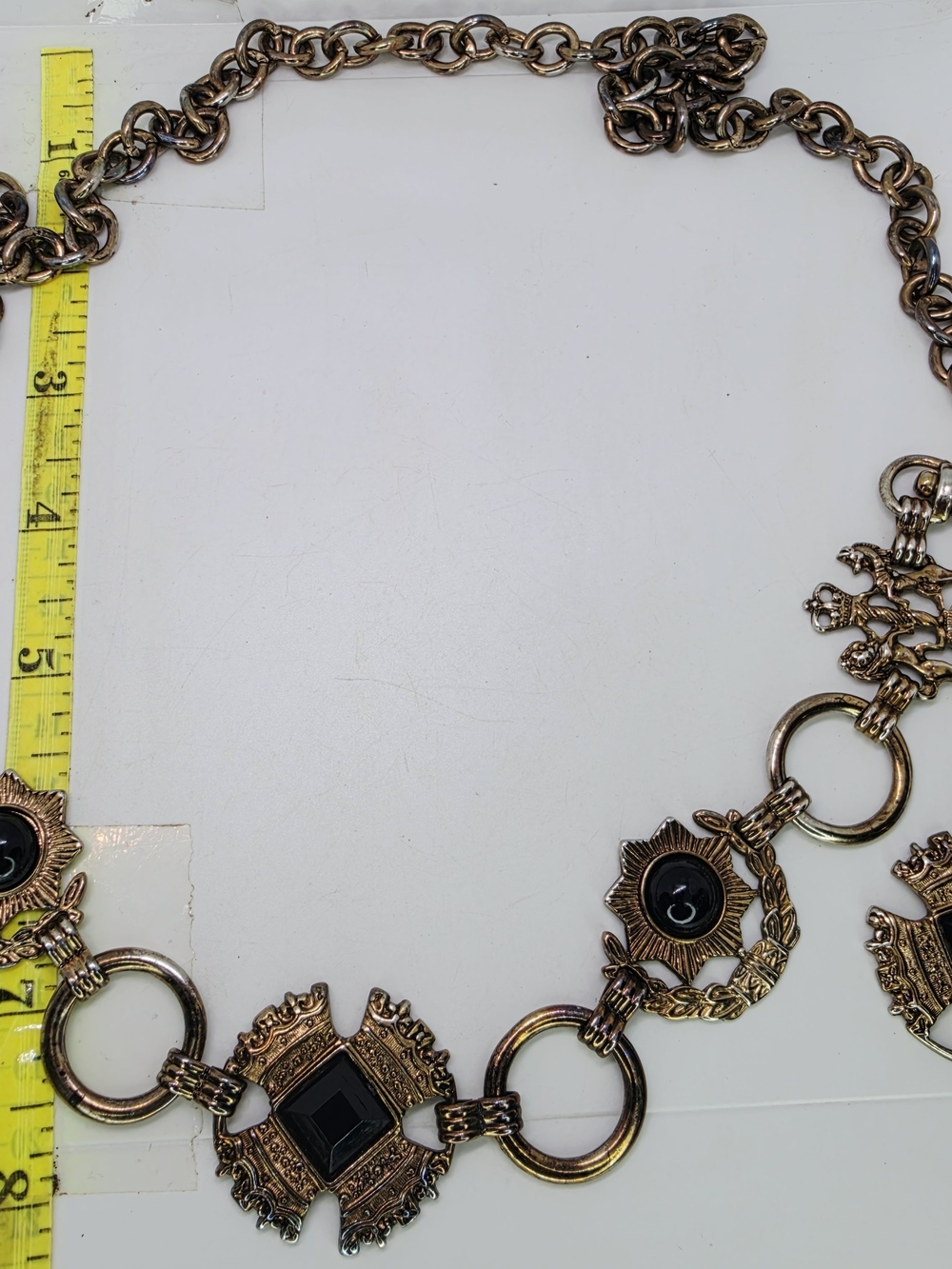 Vintage Heraldic Coat of Arms Chain Belt Black Cabochon Maltese Cross Etruscan